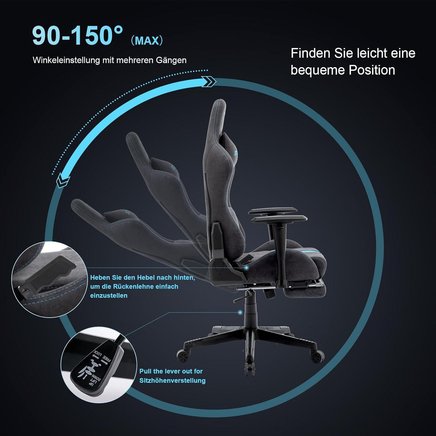 Ergonomischer Gaming Stuhl Wildlederimitat Stoff Fußstütze Grau-Blau