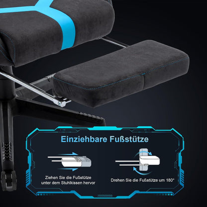 Ergonomischer Gaming Stuhl Wildlederimitat mit Fußstütze, Grau-Blau