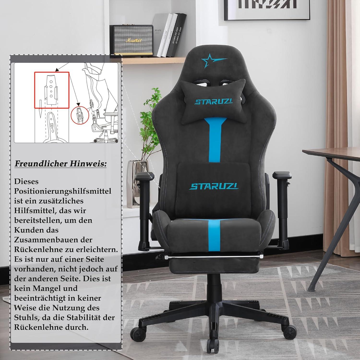STARUZI Ergonomischer Gaming Stuhl Wildlederimitat Stoff Fußstütze 3D Armlehnen