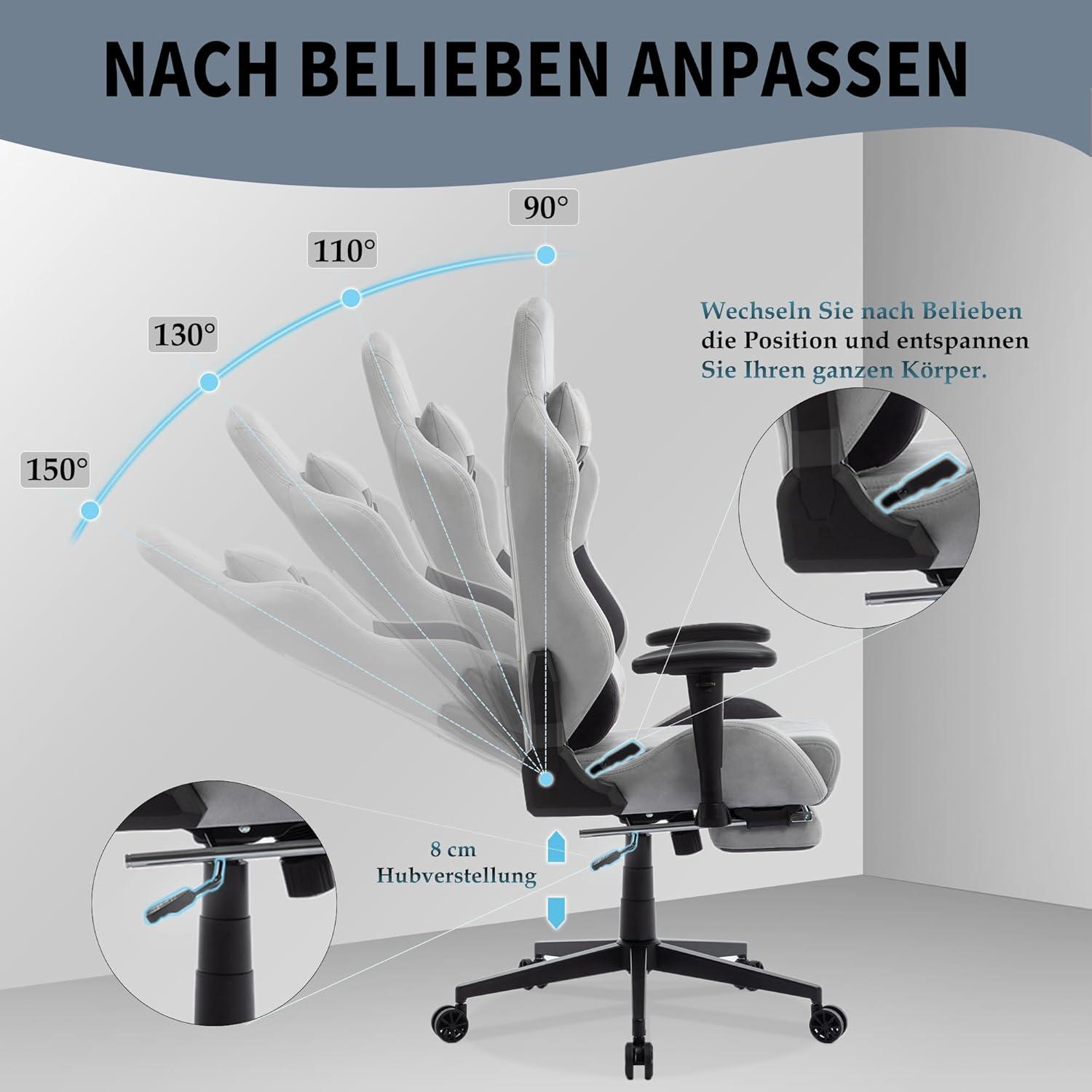 Ergonomischer Gaming Stuhl 180 kg Belastbarkeit Wildlederimitat Bürostuhl