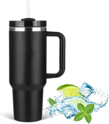 Isolierter 40 oz Thermobecher mit Strohhalm und Henkel - Schwarz