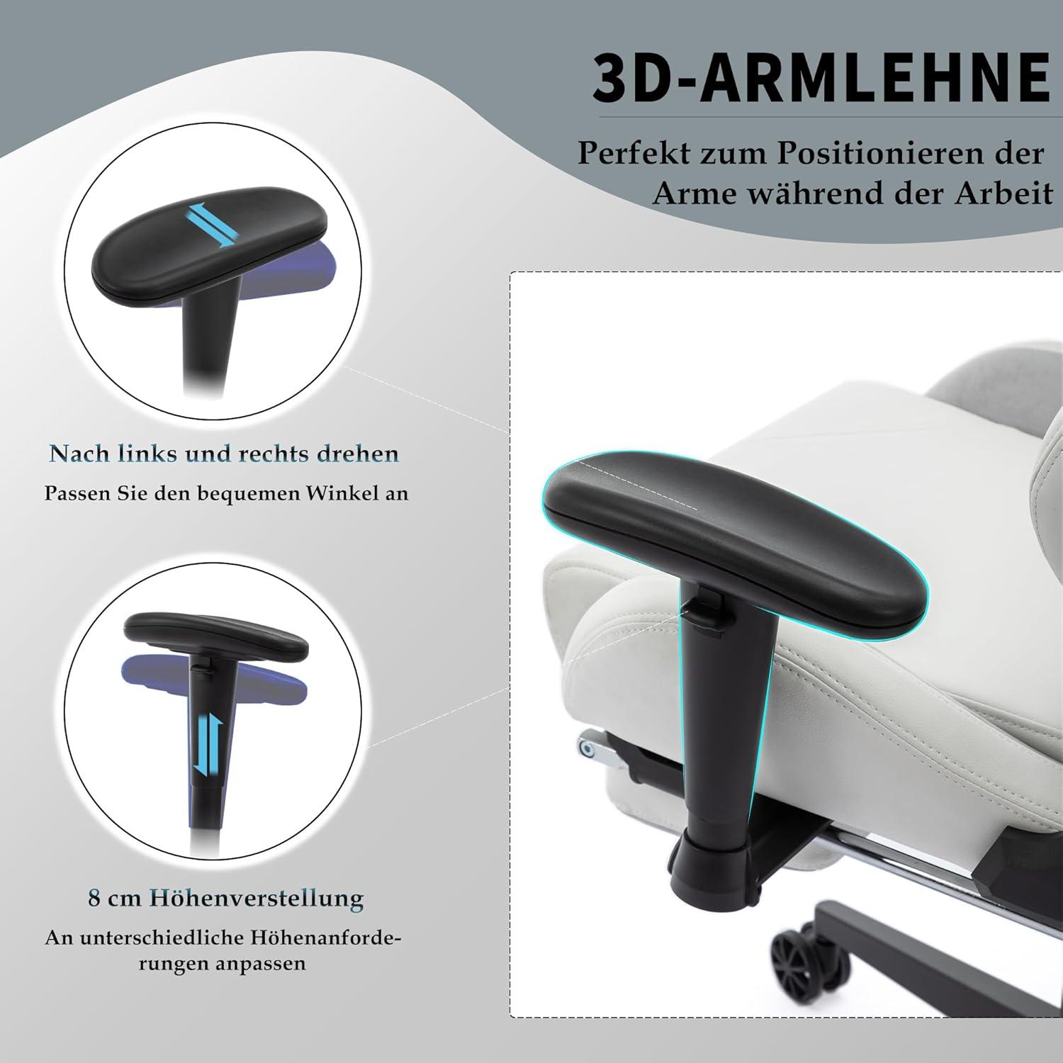 Weiße Gaming Chair mit Fußstütze, verstellbar, Leder, bis 180 kg,Belastbarkeit