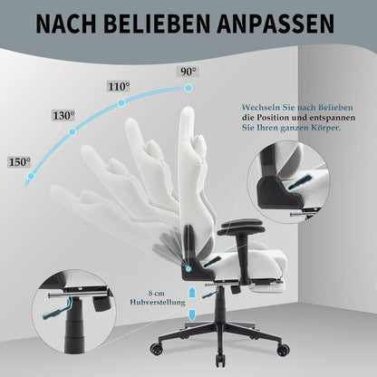 Gaming Stuhl Weiß Leder mit Fußstütze und verstellbaren Armlehnen