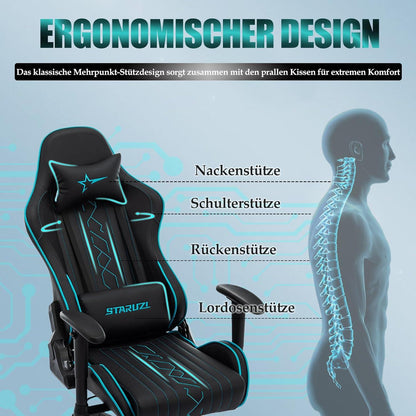 Ergonomischer Gaming Stuhl mit hoher Rückenlehne, verstellbaren Kissen, 150kg
