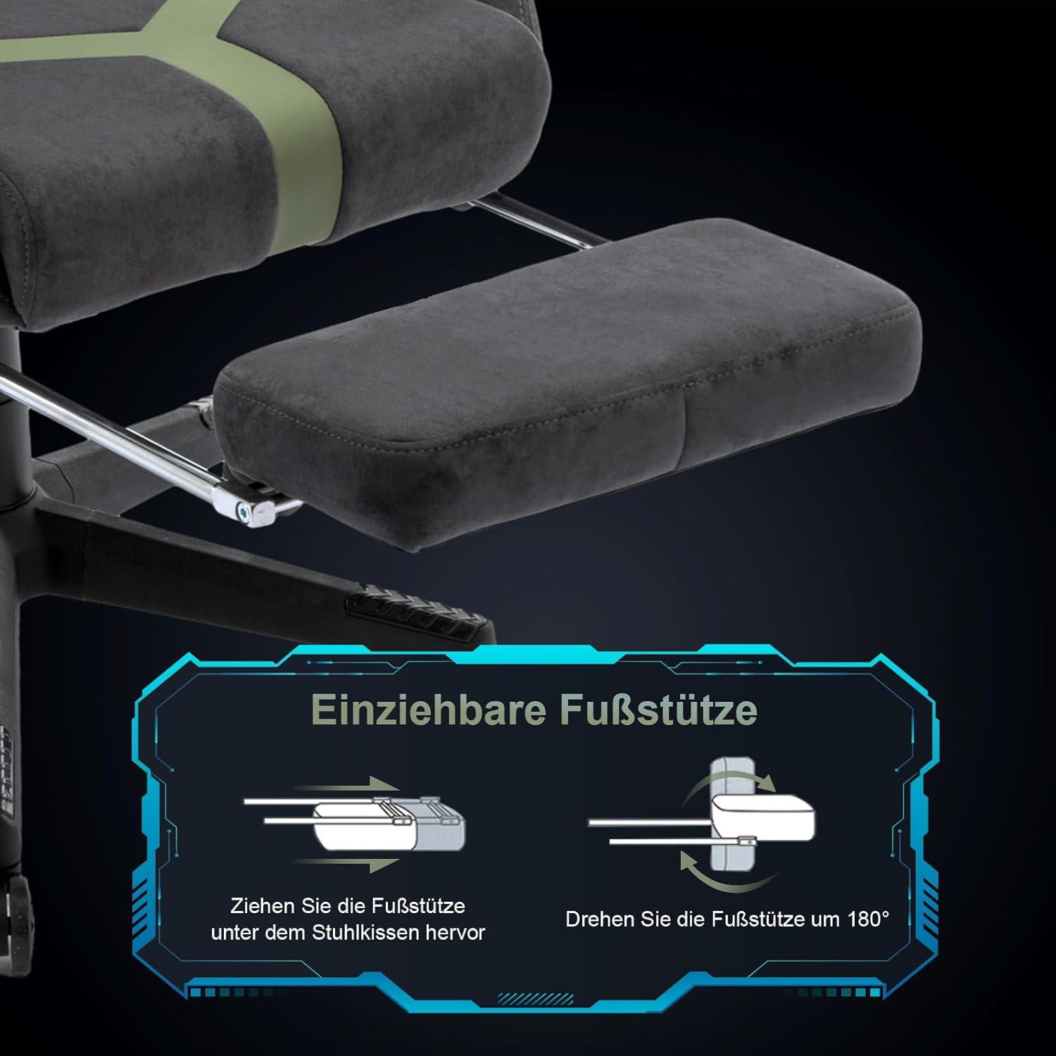 Gaming Stuhl Wildlederimitat Ergonomisch PC Gamer Fußstütze Grau-Grün