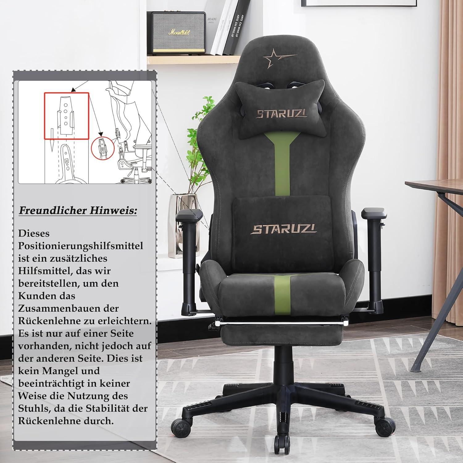 Gaming Stuhl Wildlederimitat Stoff Ergonomisch Fußstütze Grau