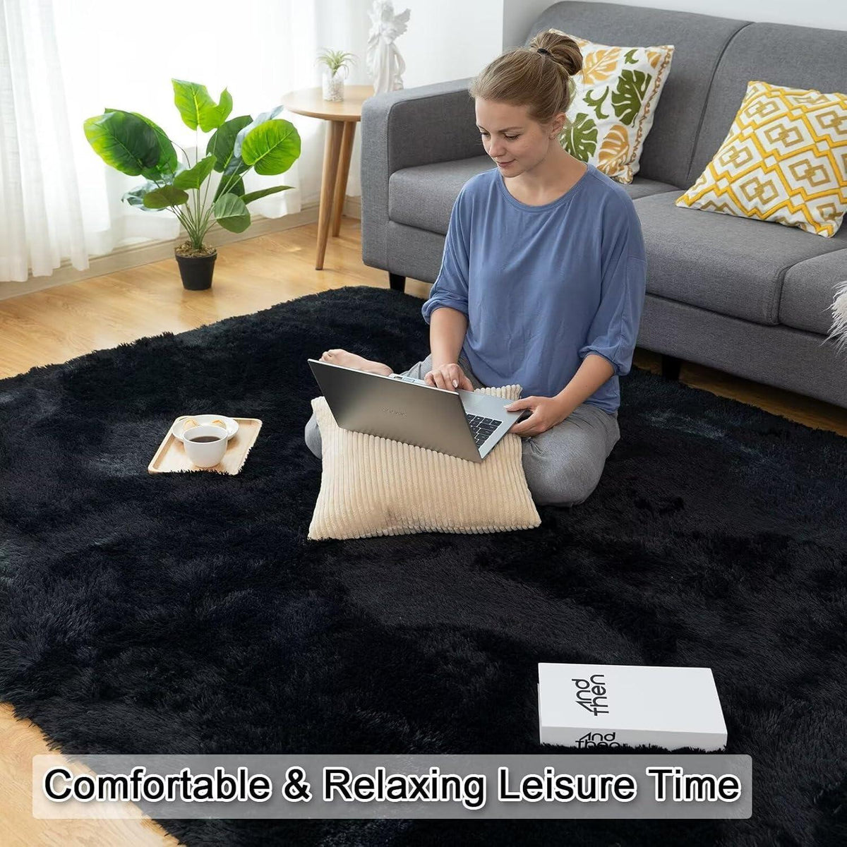 Weicher Shaggy Teppich Wohnzimmer Schlafzimmer 200x290cm Schwarz