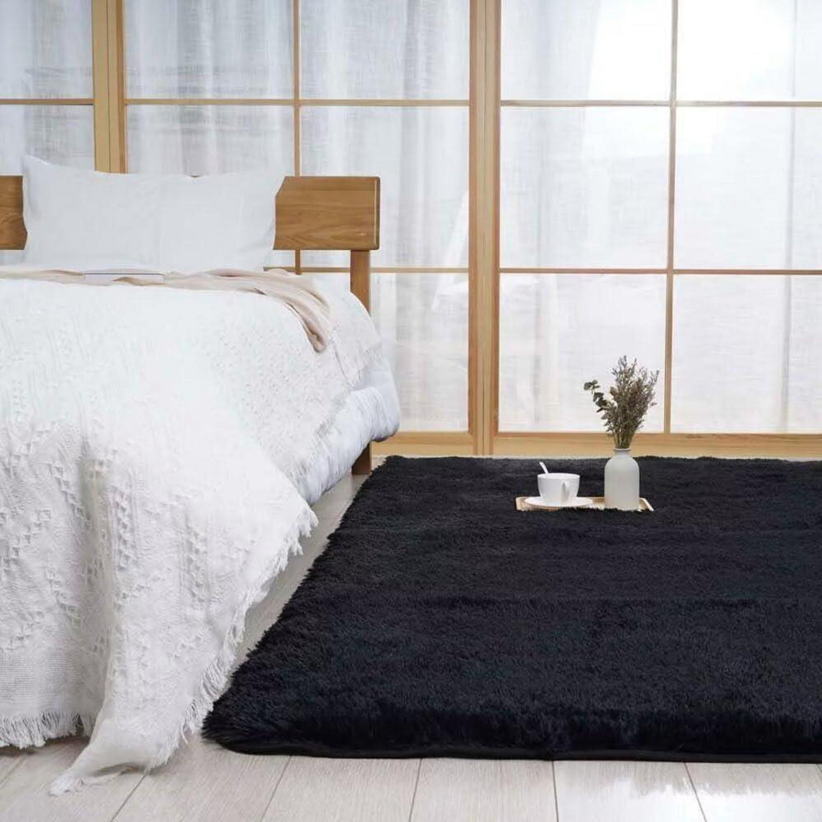 Weicher Shaggy Teppich Wohnzimmer Schlafzimmer 200x290cm Schwarz