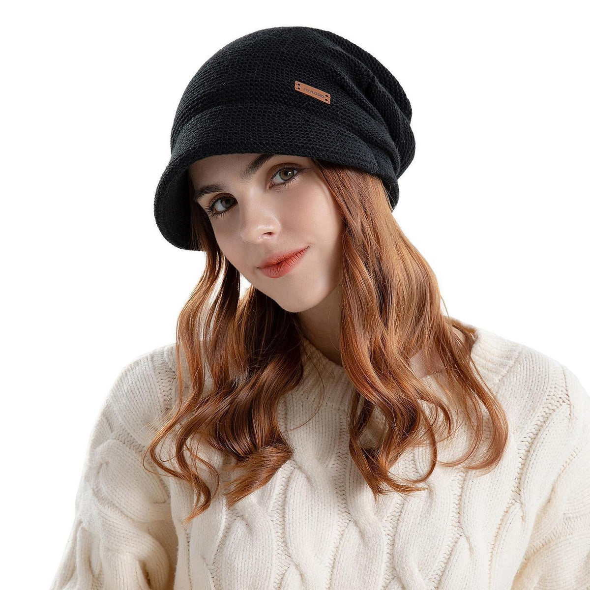 Damen Winter Strickmütze mit Visier, Fleece-gefüttert, warm
