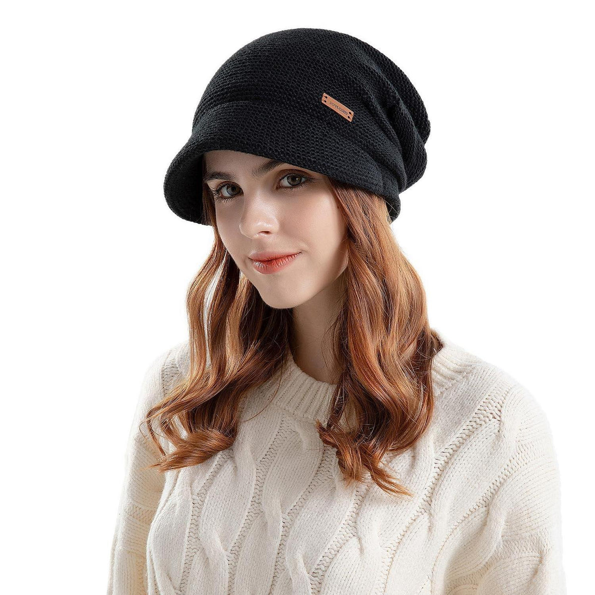 Damen Winter Strickmütze mit Visier, Fleece-gefüttert, warm