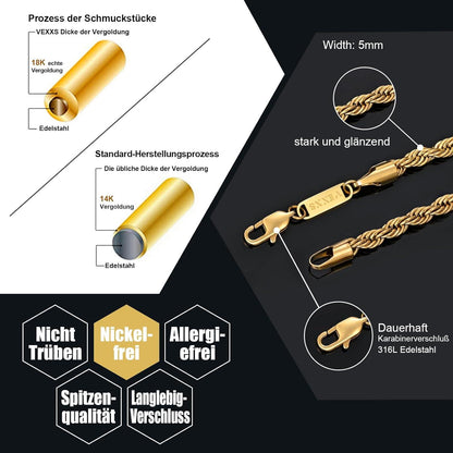 VEXXS Goldkette 18 Karat Vergoldet 5mm Edelstahl halskette