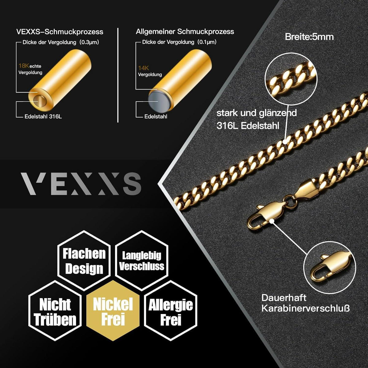 Panzerkette Herren 18 Karat Vergoldet 4-6mm, Goldkette für Männer