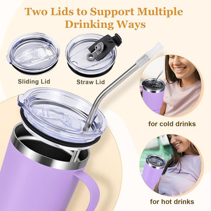Livole 600ml Thermobecher mit Henkel und Strohhalm, Vakuum Kaffeebecher Thermo, Edelstahl 20oz Trinkbecher Hellviolett