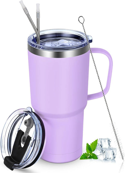 Livole 600ml Thermobecher mit Henkel und Strohhalm, Vakuum Kaffeebecher Thermo, Edelstahl 20oz Trinkbecher Hellviolett