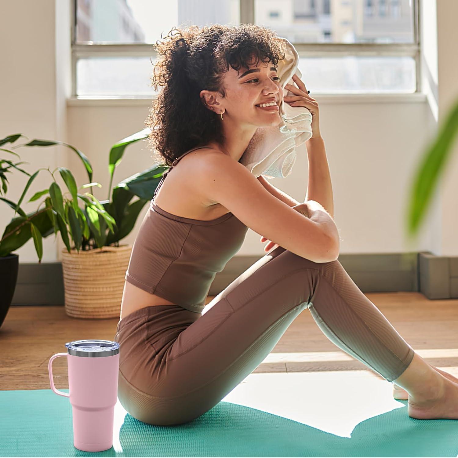 Livole 600ml Thermobecher mit Strohhalm und Deckel, 20oz Vakuum Kaffeebecher - Hellrosa