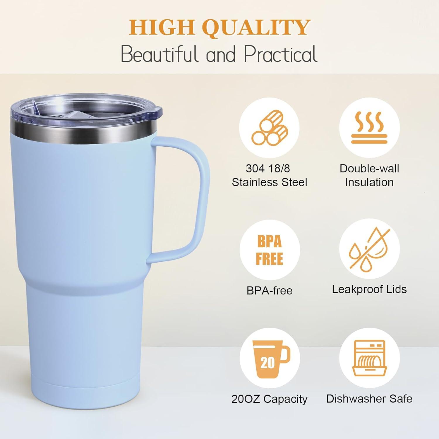 Livole 600ml Thermobecher mit Henkel und Strohhalm, Edelstahl, Doppelwandig, Hellblau 600ml