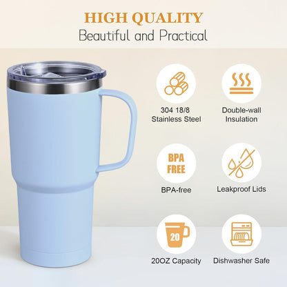 Livole 600ml Thermobecher mit Henkel und Strohhalm, Edelstahl, Doppelwandig, Hellblau 600ml