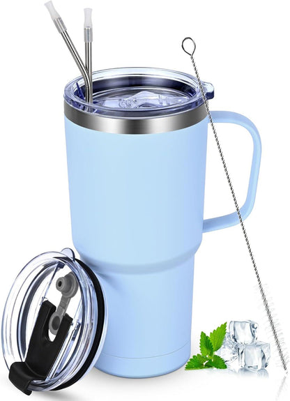 Livole 600ml Thermobecher mit Henkel und Strohhalm, Edelstahl, Doppelwandig, Hellblau 600ml