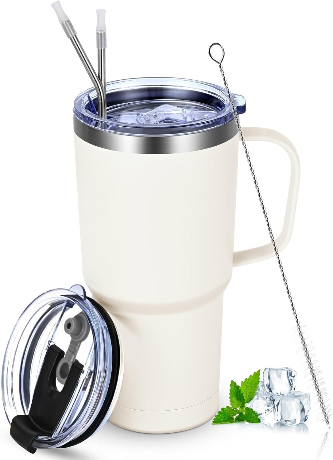 Livole 600ml Thermobecher mit Henkel und Strohhalm, Vakuum Kaffeebecher Thermo, Doppelwandig Trinkbecher 20oz Reisebecher in