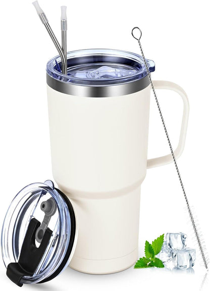 Livole 600ml Thermobecher mit Henkel und Strohhalm, Vakuum Kaffeebecher Thermo, Doppelwandig Trinkbecher 20oz Reisebecher in