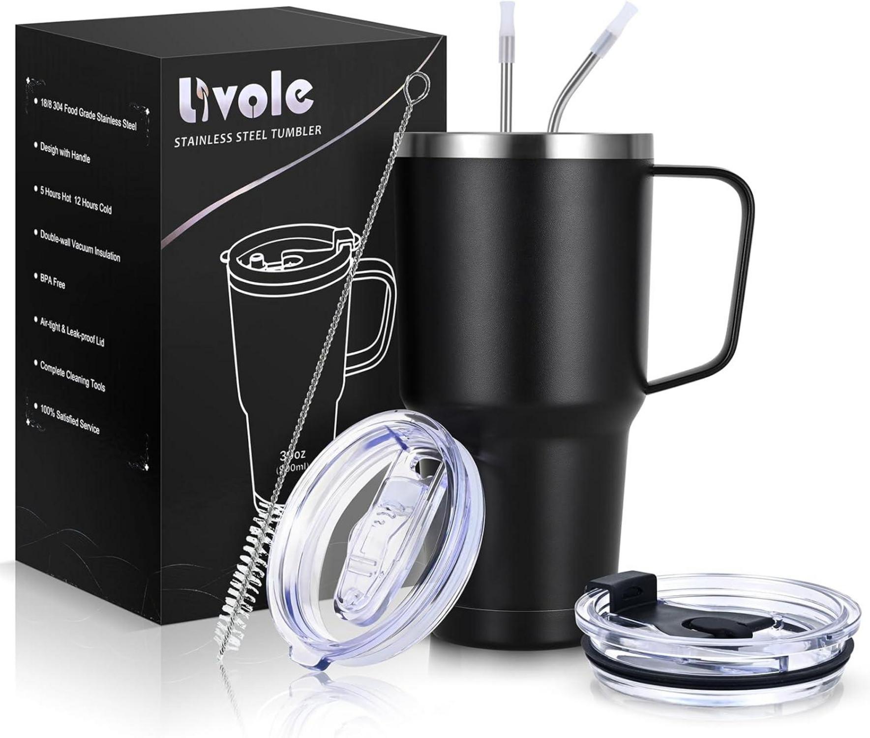 Livole 30oz Doppelwandiger Thermobecher mit Strohhalm-Edelstahl