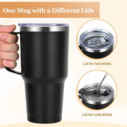 Livole 30oz Doppelwandiger Thermobecher mit Strohhalm Henkel Schwarz