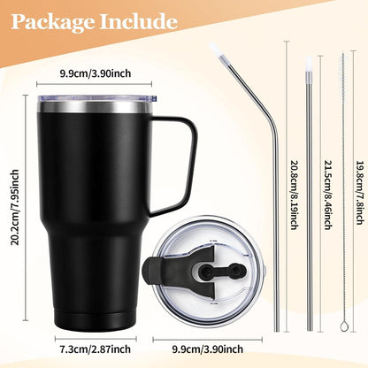 Livole 30oz Doppelwandiger Thermobecher mit Strohhalm Henkel Schwarz