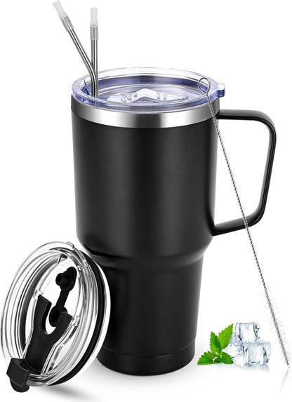 Livole 30oz 900ml Doppelwandiger Thermobecher Schwarz mit Strohhalm und Henkel