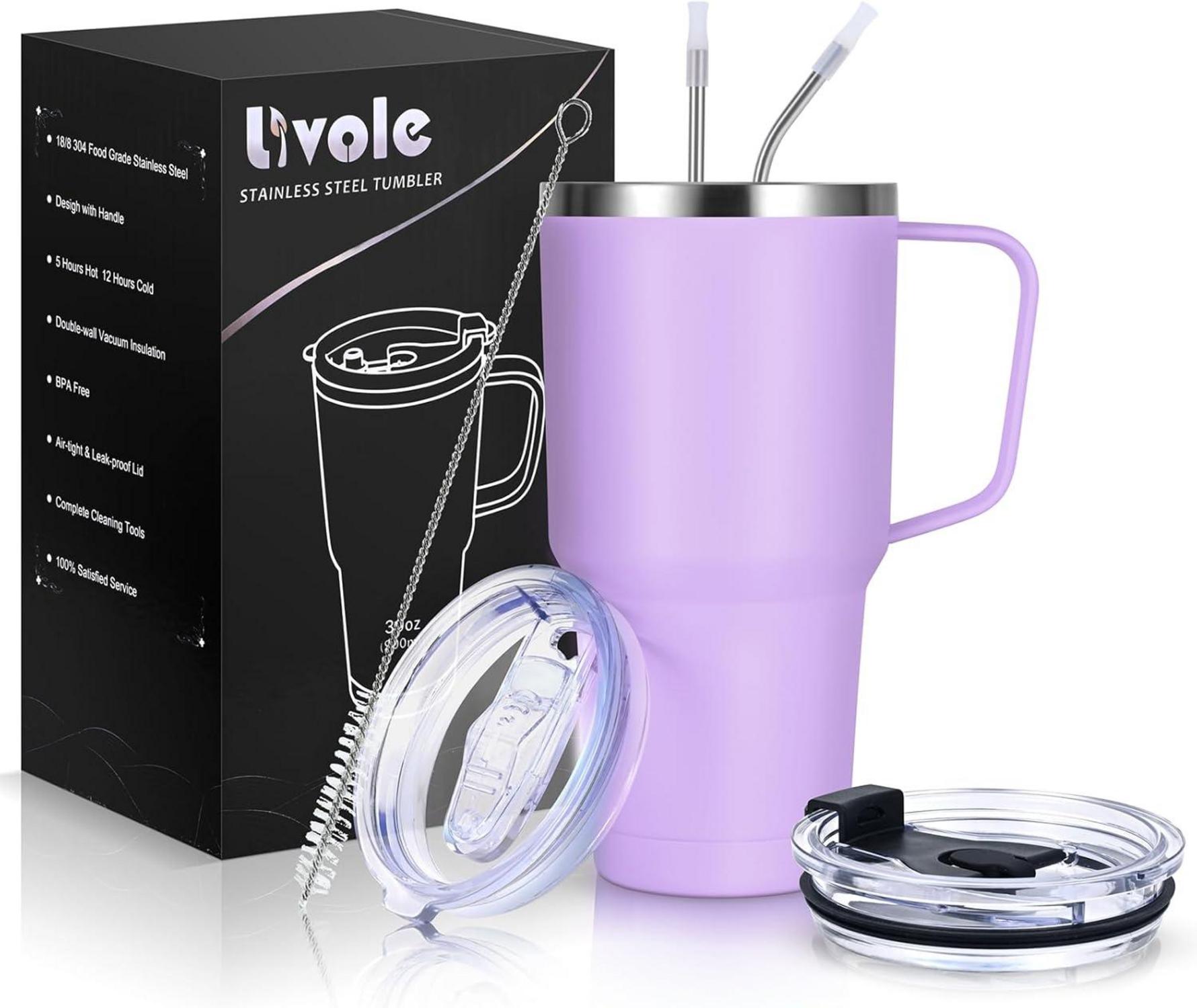 Livole 30oz Doppelwandiger Thermobecher mit Strohhalm, Henkel