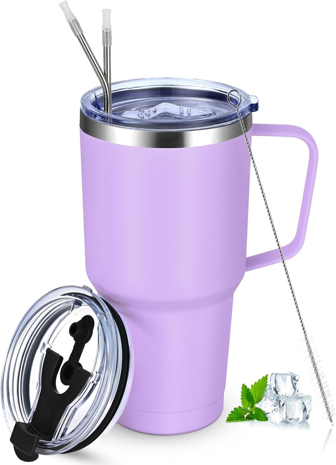 Livole 900ml Doppelwandiger Edelstahl Thermobecher mit Henkel und Strohhalm, Hellviolett