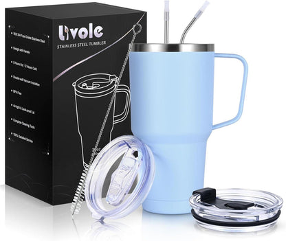 Doppelwandiger 900ml Thermobecher mit Strohhalm und Henkel