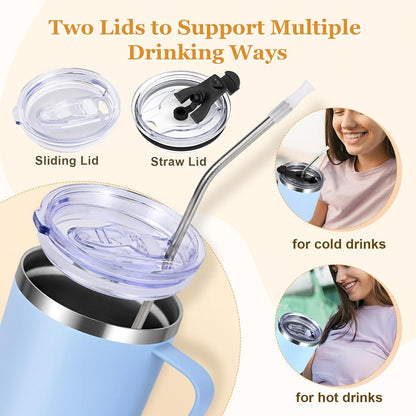 Livole 30oz Doppelwandiger Thermobecher mit Strohhalm und Henkel, Edelstahl Isoliert, Kaffeebecher to go, Trinkbecher, Hellblau