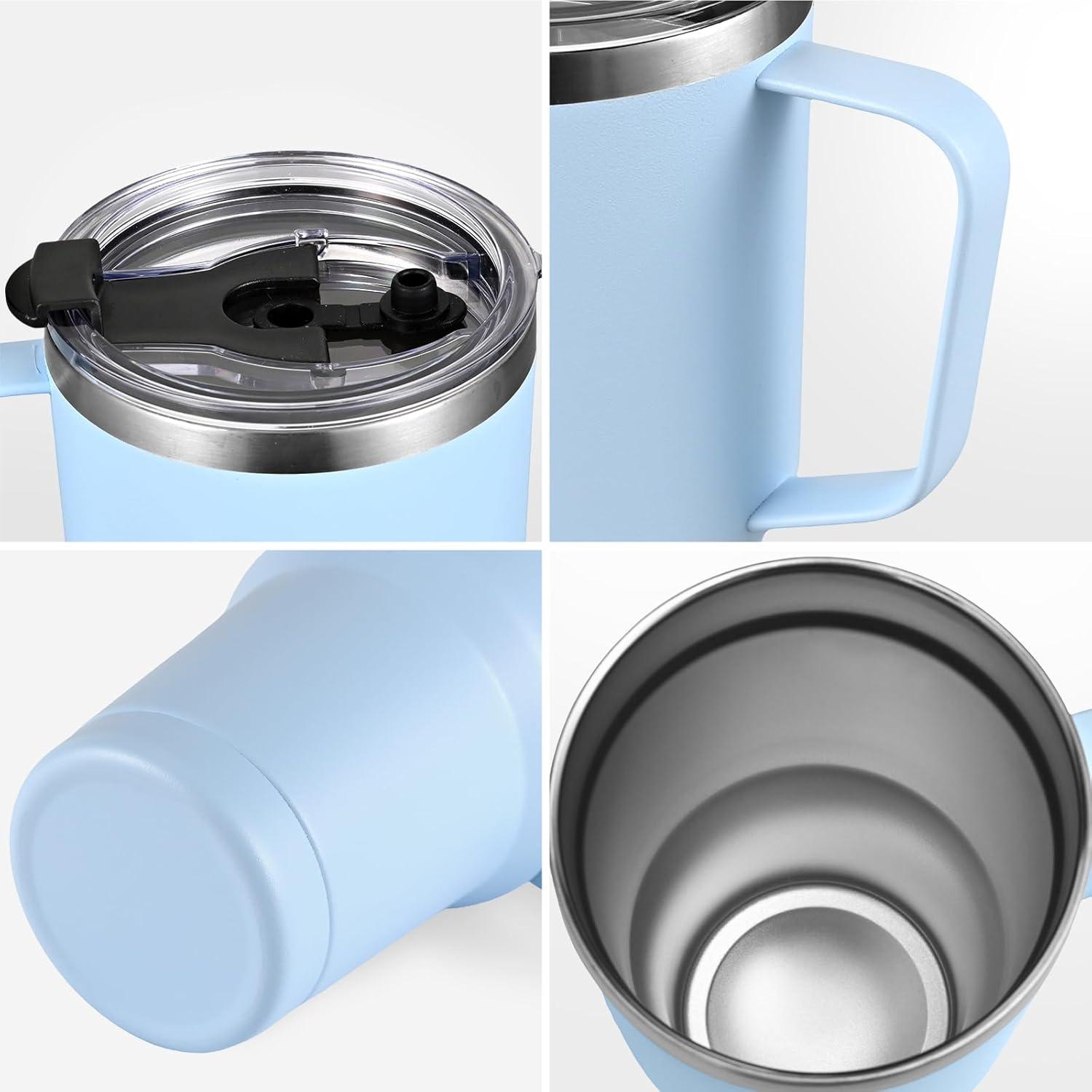 Doppelwandiger Thermobecher 30oz 900ml Hellblau mit Strohhalm, Henkel