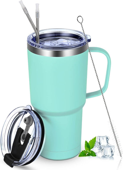 Livole 600ml Thermobecher Henkel Vakuum Kaffeebecher Edelstahl Strohhalm Deckel