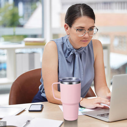 Livole 30oz Thermobecher mit Henkel und Strohhalm, Edelstahl Isolierter Becher für Kaffee und Cocktail, Hellrosa 900ml