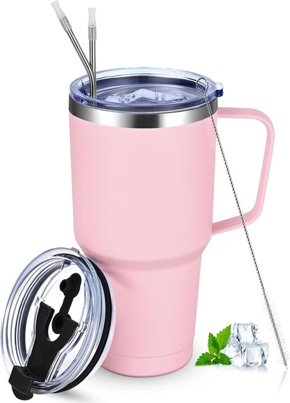 Livole 30oz Thermobecher mit Henkel und Strohhalm, Edelstahl Isolierter Becher für Kaffee und Cocktail, Hellrosa 900ml
