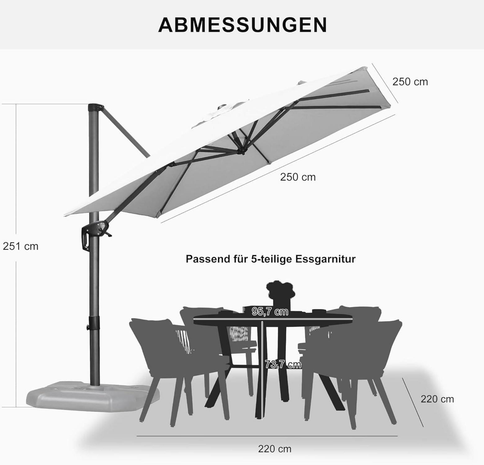 Quadratischer Sonnenschirm 250x250 cm mit Kurbel, Aluminiumgestell, UV50+ Schutz