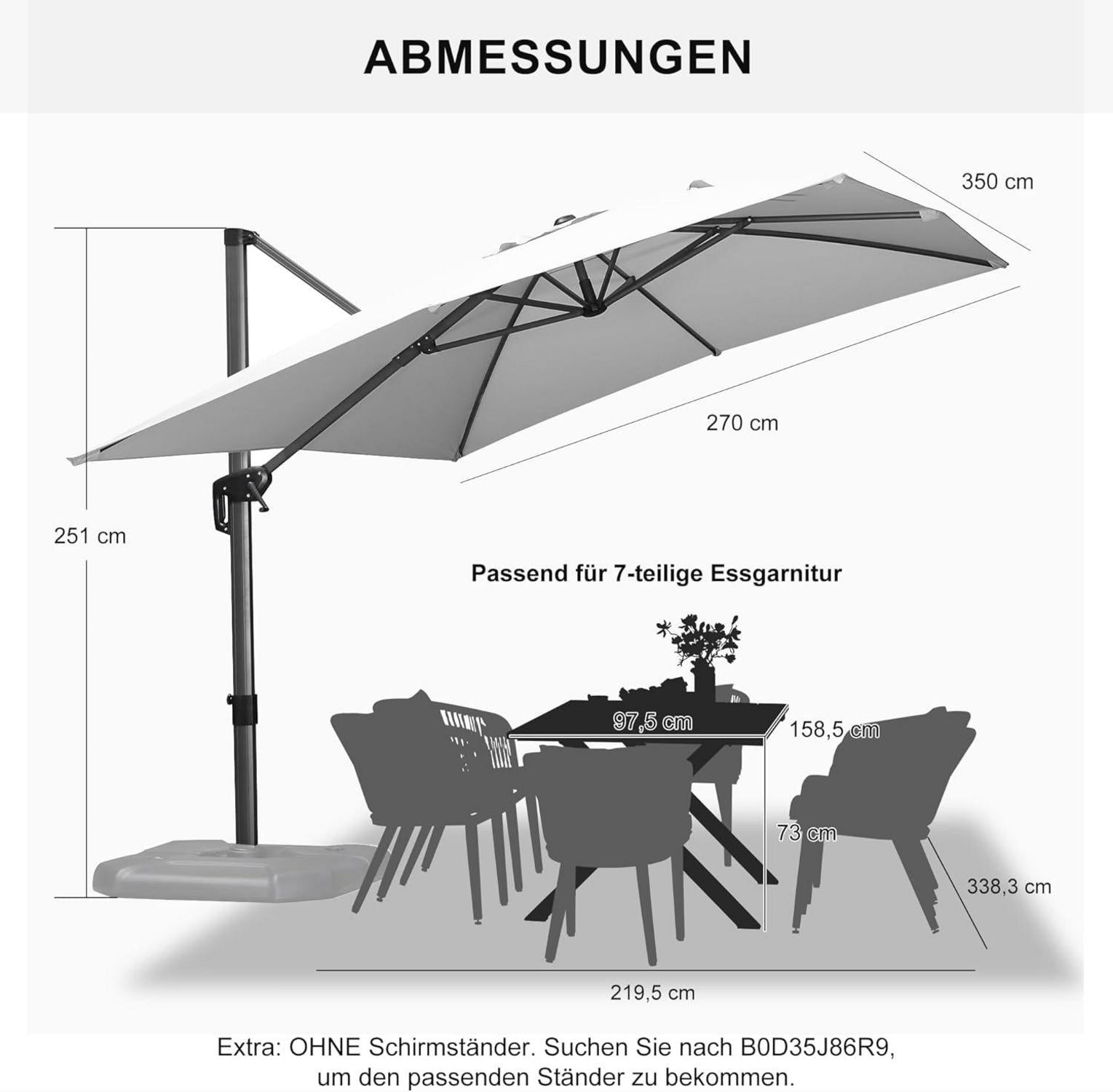Sonnenampelschirm 270x350 cm Kurbel Aluminium UV-beständig