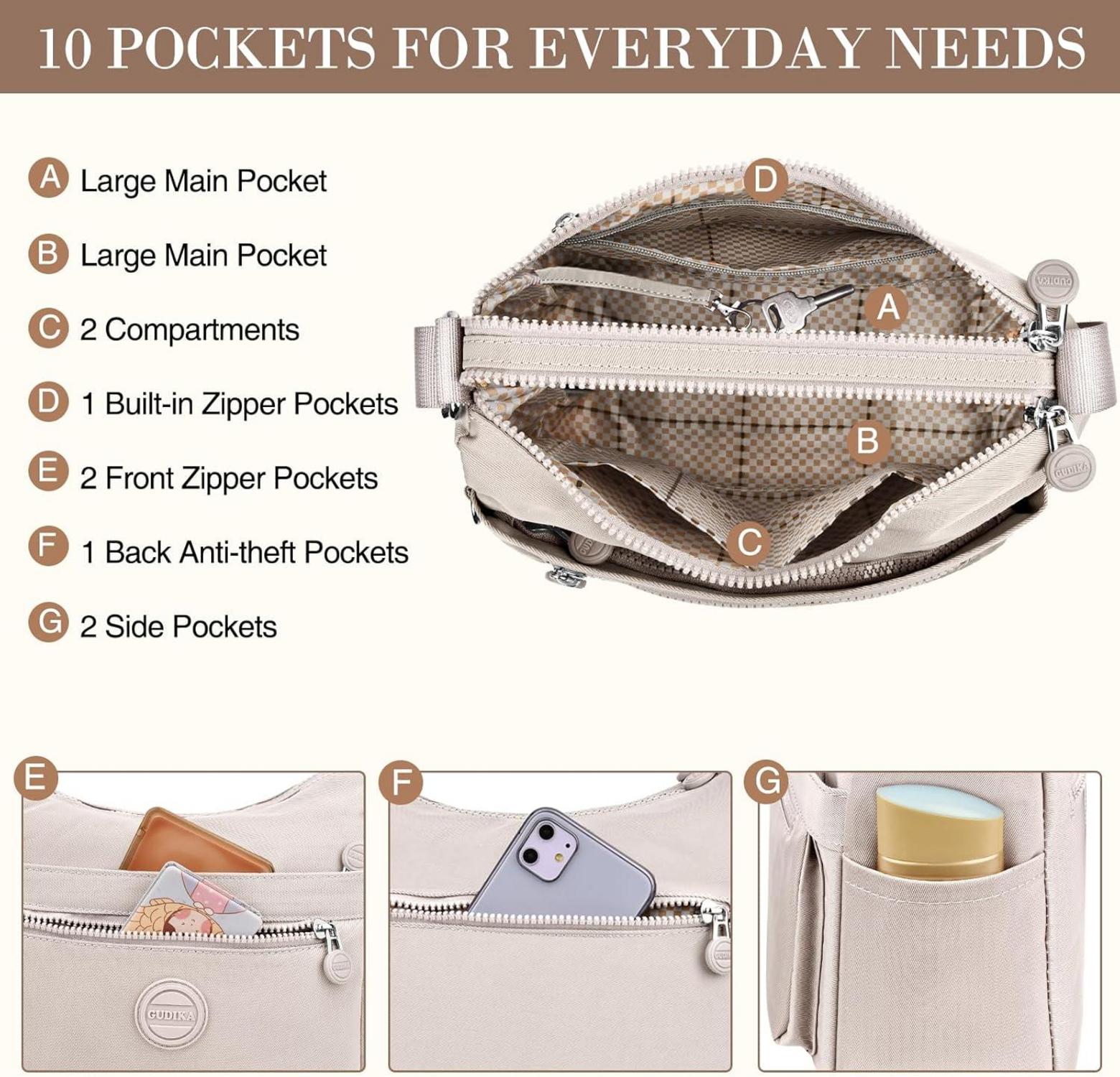 VOBUKE Umhängetasche Damen Wasserdicht Nylon Crossbody Bag Mittelgroß Beige