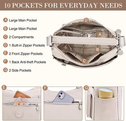 VOBUKE Umhängetasche Damen Wasserdicht Nylon Crossbody Bag Mittelgroß Beige