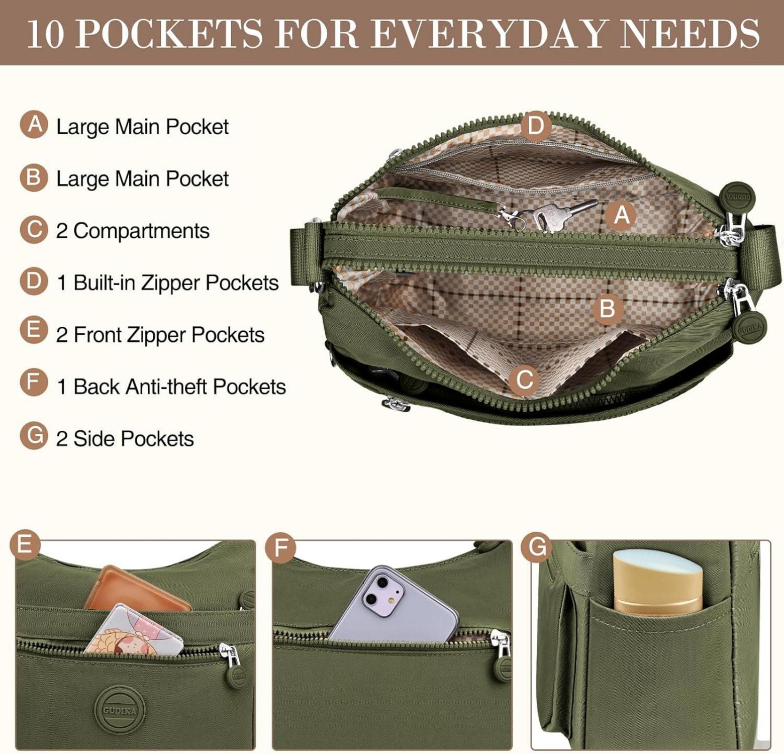 VOBUKE Umhängetasche Damen Mittelgroß Wasserdicht Nylon Crossbody Bag viele Fächer Leichte Schultertasche Verstellbarer Breitem Freizeit Kleine
