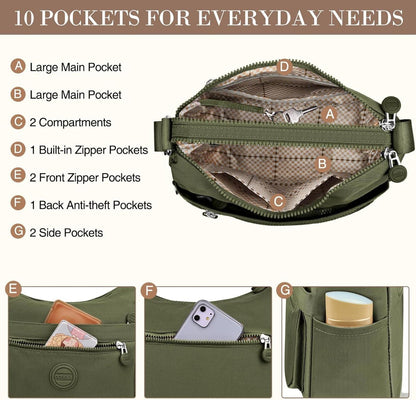 VOBUKE Umhängetasche Damen Mittelgroß Wasserdicht Nylon Crossbody Bag viele Fächer Leichte Schultertasche Verstellbarer Breitem Freizeit Kleine