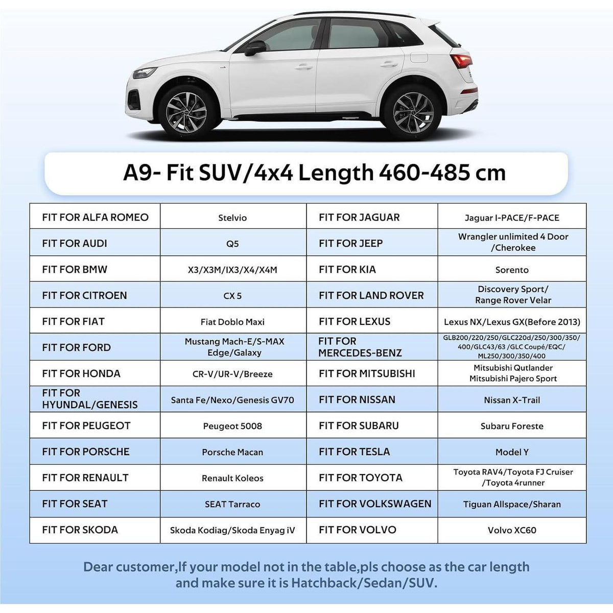 SUV Autoabdeckung Wasserdicht & Atmungsaktiv – Für Audi Q5, BMW X3, u.a. (460-485cm)