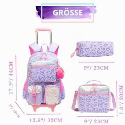 Kinder Trolley Rucksack mit Rädern Lila Herz Schulrucksack Set