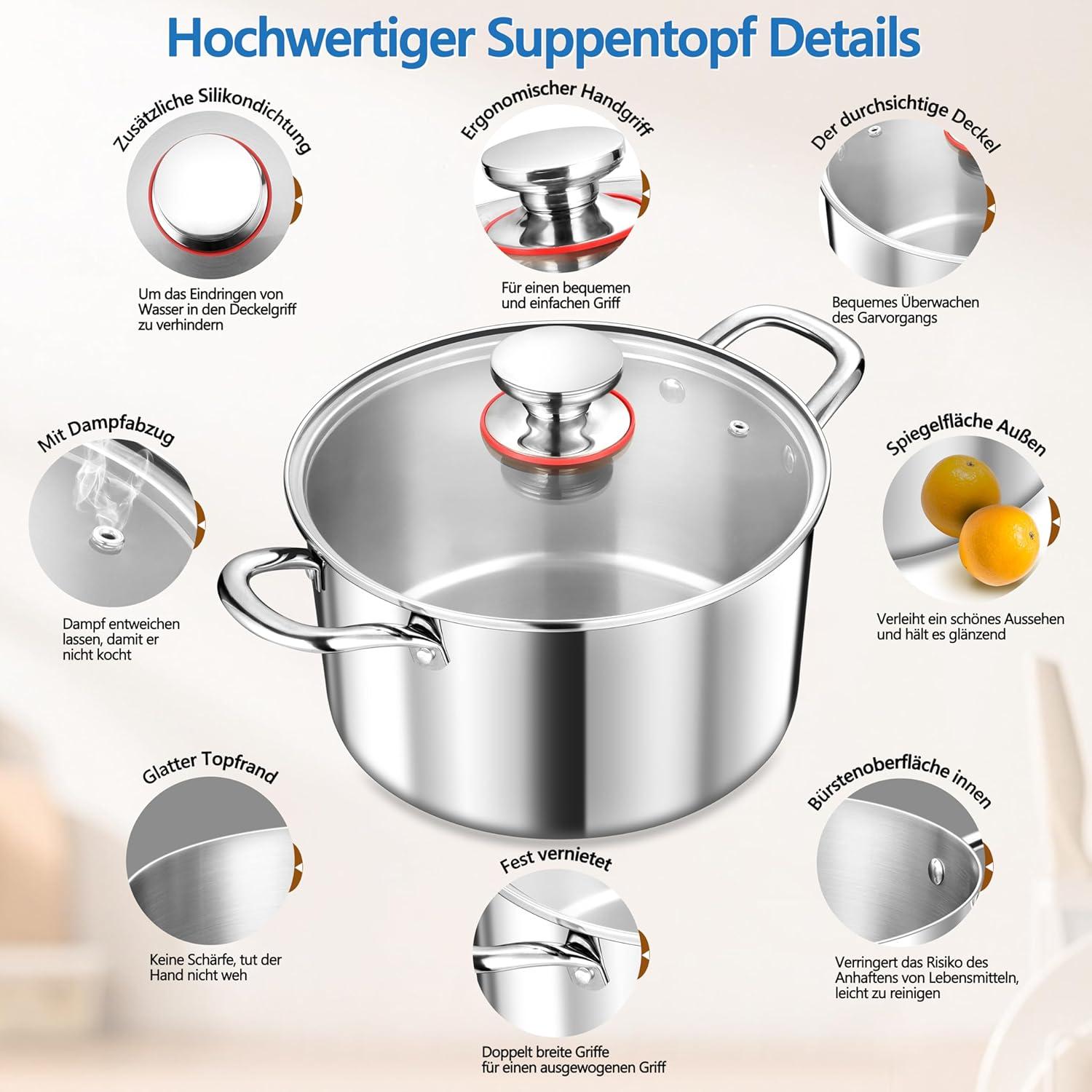 Kochtopf 24cm 3-Lagen Edelstahl mit Glasdeckel 5,7L für alle Herdarten