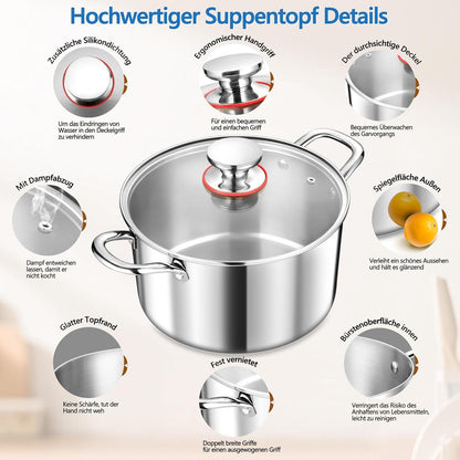 Kochtopf 24cm 3-Lagen Edelstahl mit Glasdeckel 5,7L für alle Herdarten