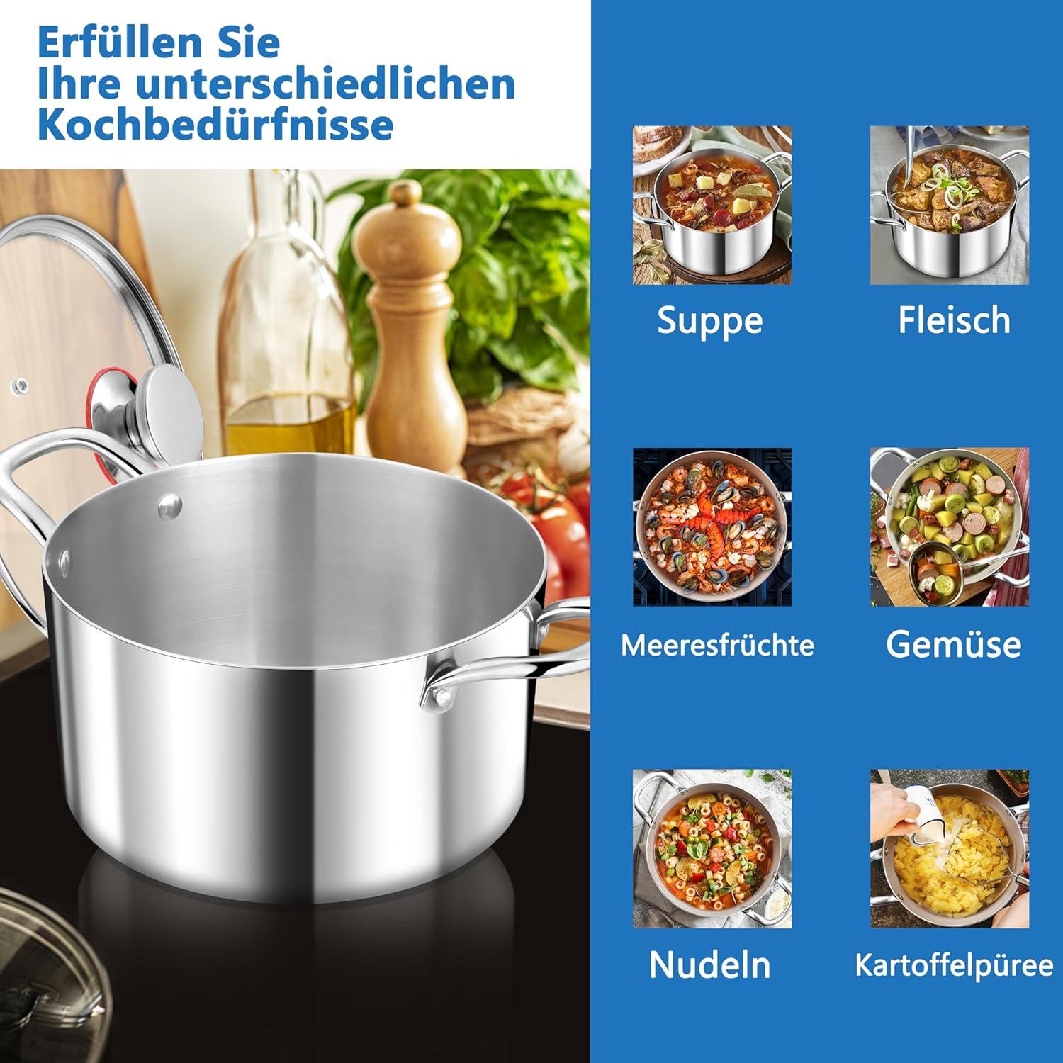 TEAMFAR Kochtopf 24cm 5,7L Edelstahl Glasdeckel Herdarten Induktion