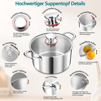 TEAMFAR 20cm Kochtopf 3-Lagen Edelstahlglasdeckel 3,3L Induktion