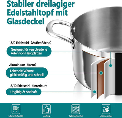 TEAMFAR 20cm Kochtopf 3-Lagen Edelstahl Glasdeckel Induktion 3,3L