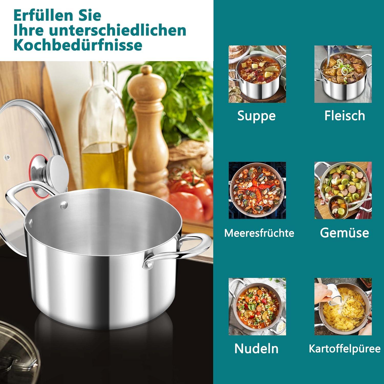 Kochtopf 20cm Spülmaschinenfest Induktion 3-Lagen Edelstahl Gladeckel